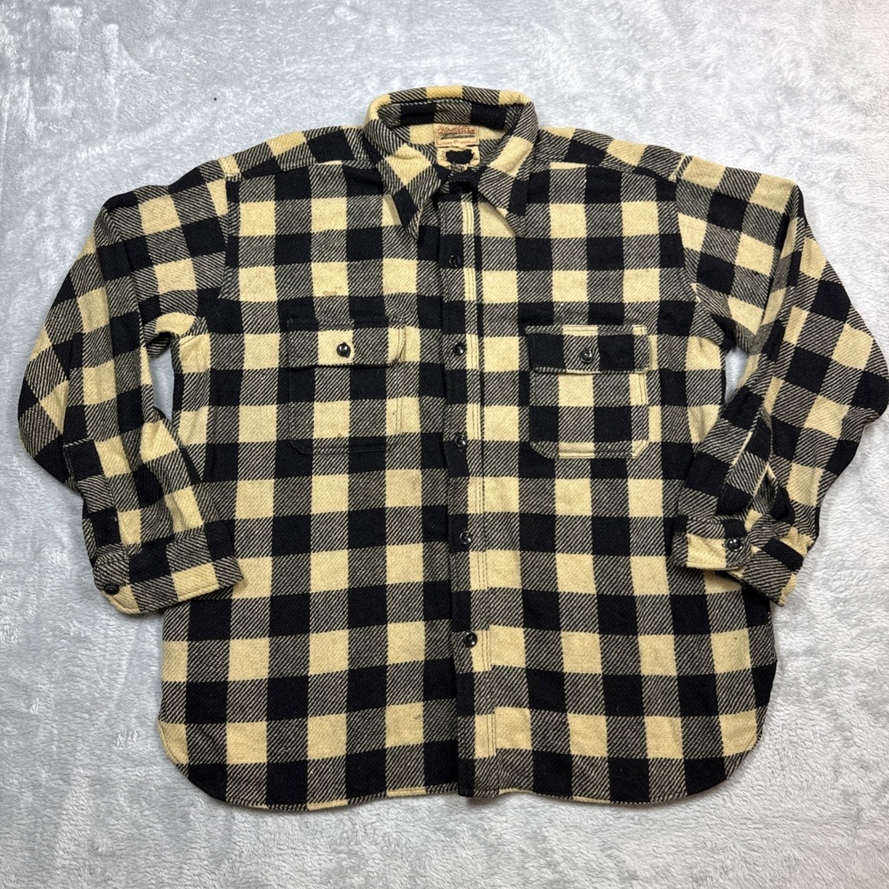 Vtg Maine Woodsman Wool Flannel Shirt Men L Ivory Black Distressed 60s 70s